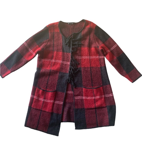 Adrienne Vittadini women’s 2x long sweater duster cardigan blackish gray plaid - Picture 4 of 16